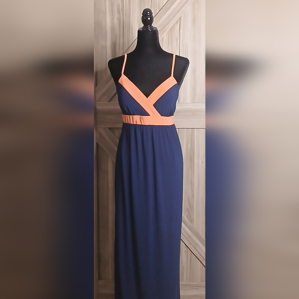 MSK Women's Elegant Navy and Coral Maxi Dress. XL